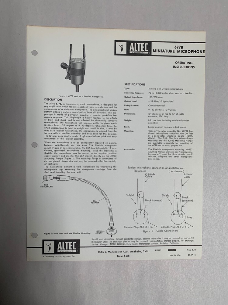 Original Vtg Altec 677B Miniature Microphone Operating Instructions (A3)