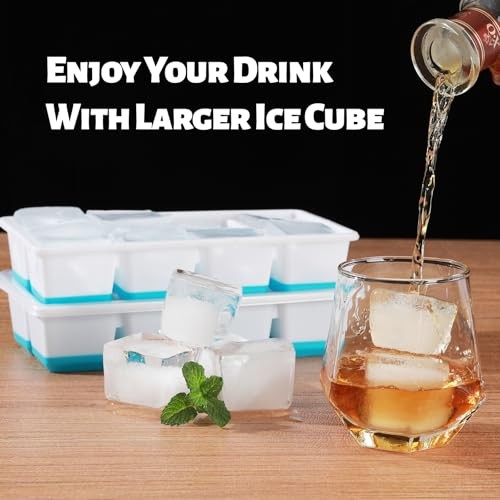 Large Ice Cube Trays with Lid, 2 Pack Stackable Silicone Ice Cube Molds Blue