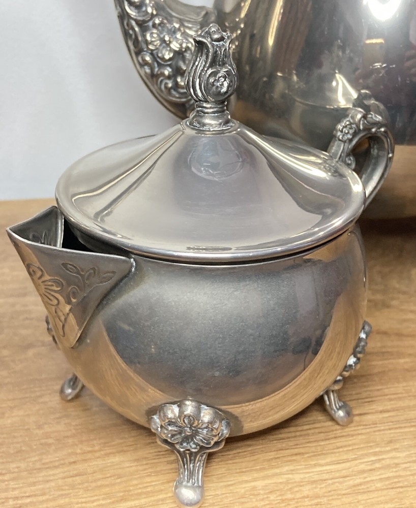 Tea & Coffee Set 4pc Ornate Embossed Flower Design Silver Plated