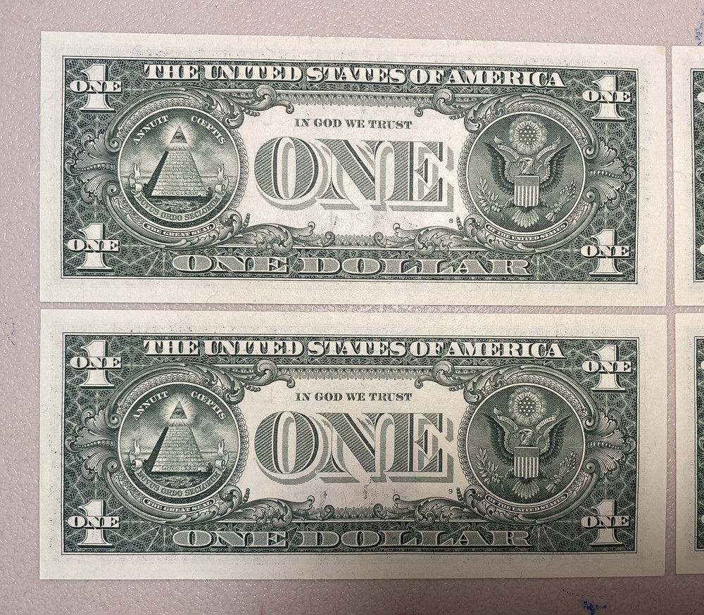 (4) $1 Sequential Bills ERRORS Identical OverInked 7 & Reverse Extra Ink Miscut