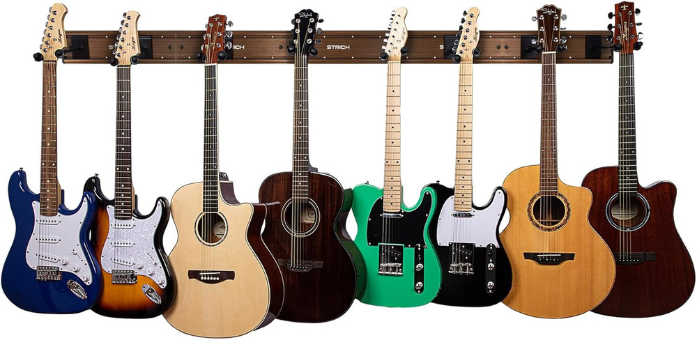 Multi-Guitar Wall Mount Rack - Holds 8 Instruments, Walnut Finish, Adjustable