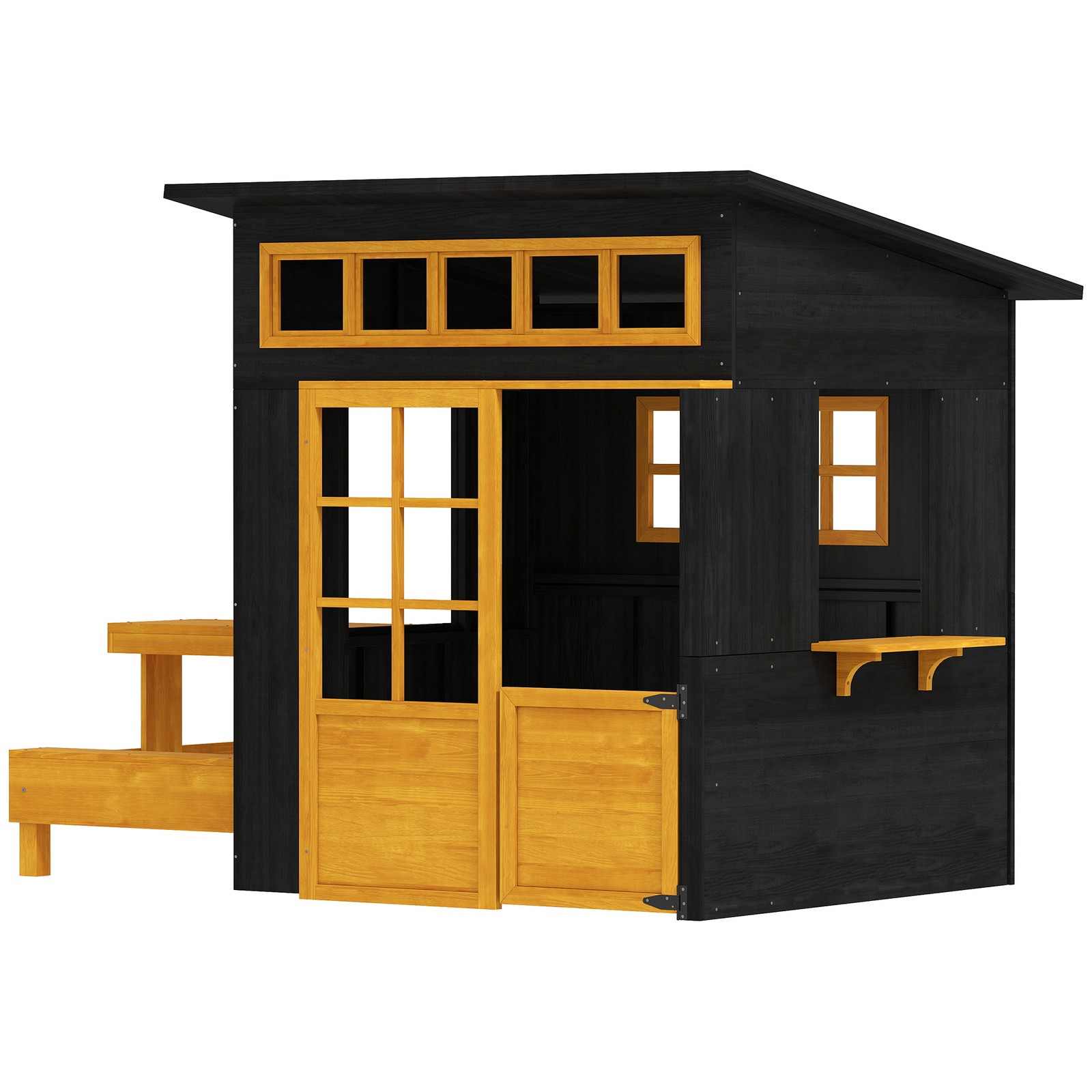 Qaba Kids Outdoor Playhouse, Wooden Kids Playhouse w/ Picnic Table