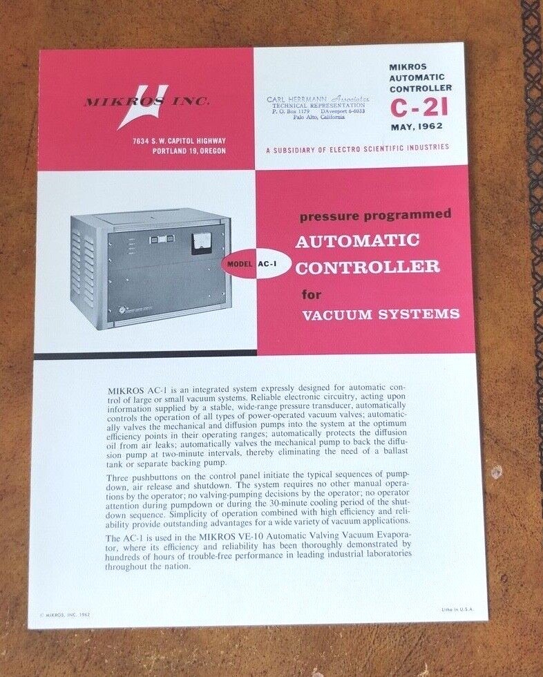 1962 ~ Mikros Inc. ~ Automatic Controller for Vacuum Systems Model AC-1