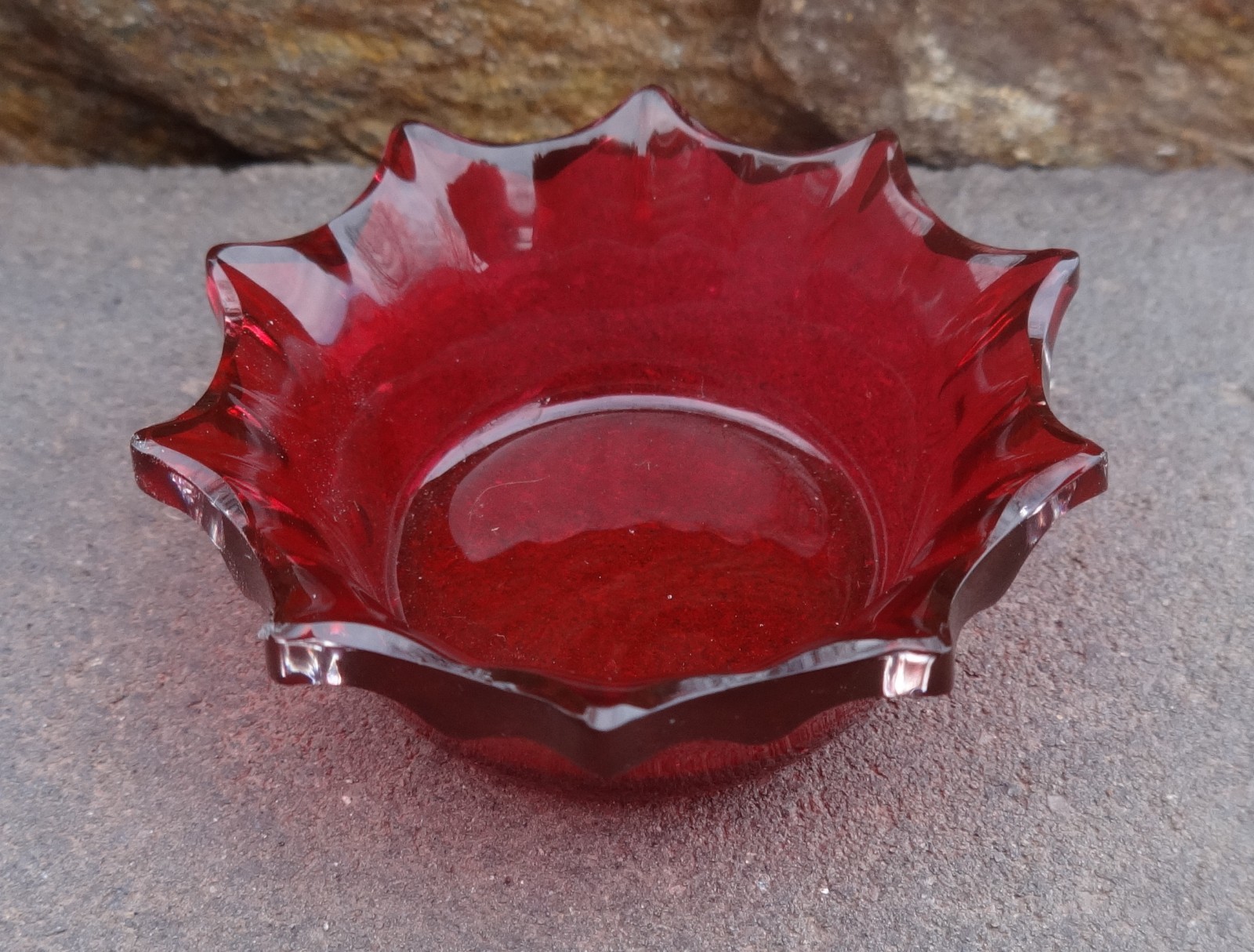 Small Ruby-Red Glass Open Salt Dip, Cellar, Dish w/Spiky Rim!