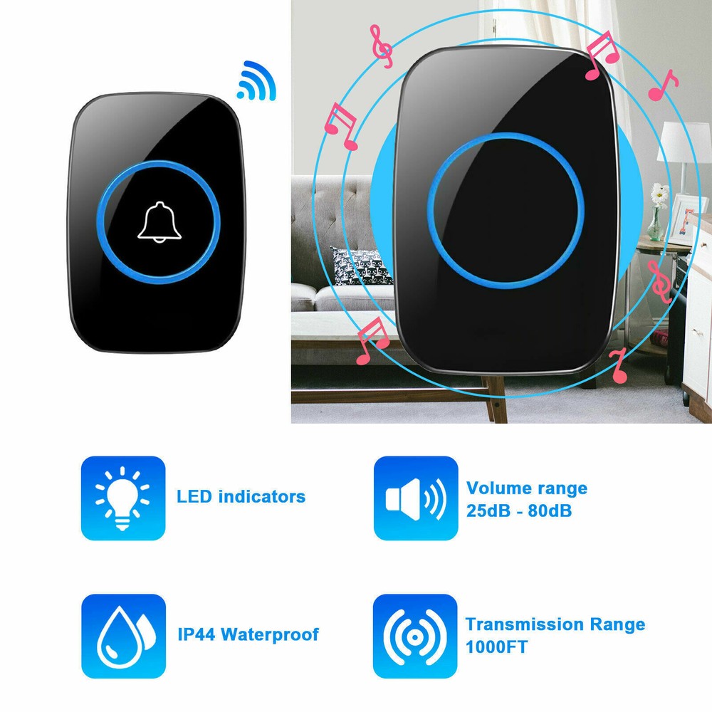 2Wireless Doorbell Chime Waterproof Plugin Receiver Adjustable Volume 1000FT Kit