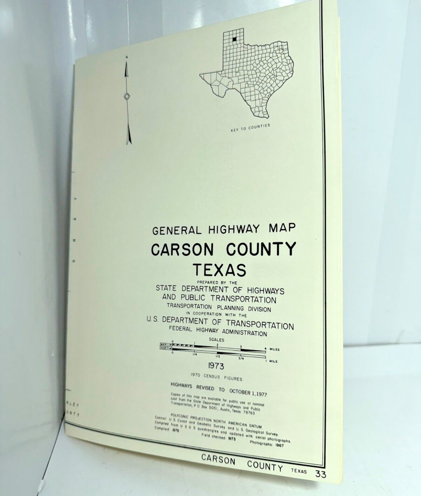 1973 Texas CARSON County General Highway Map 18" x 25" Folded USDOT