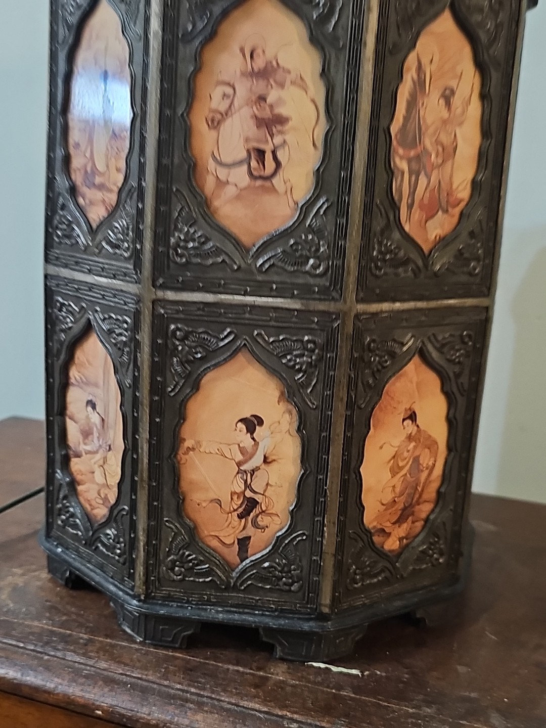 Antique Pewter Tea Caddy Canister w/ 18 Glass Scenes Reverse Painted Panels LAMP