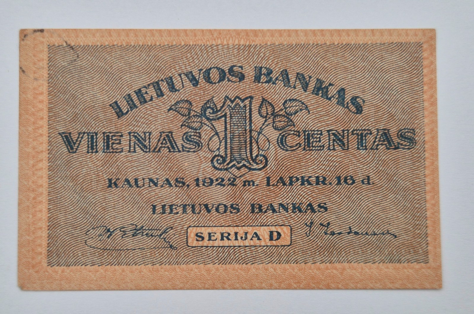 LITHUANIA 1 CENTAS  1922 BANKNOTE