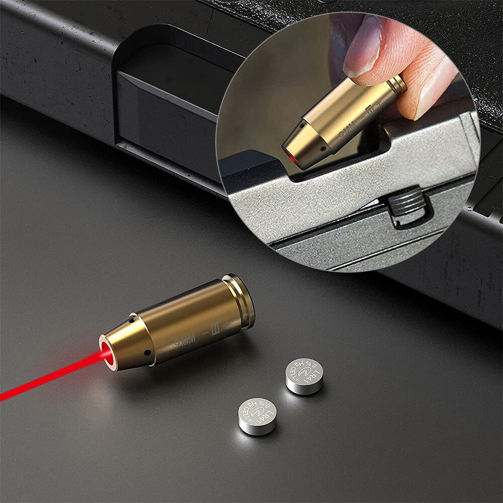 CAL 9mm Red Laser Bore Sight Brass Cartridge Bullet Shap Boresighter 6 Batteries