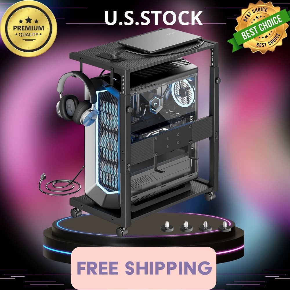Computer Tower Stand - Adjustable PC Tower Stand CPU Holder Cart with Charging