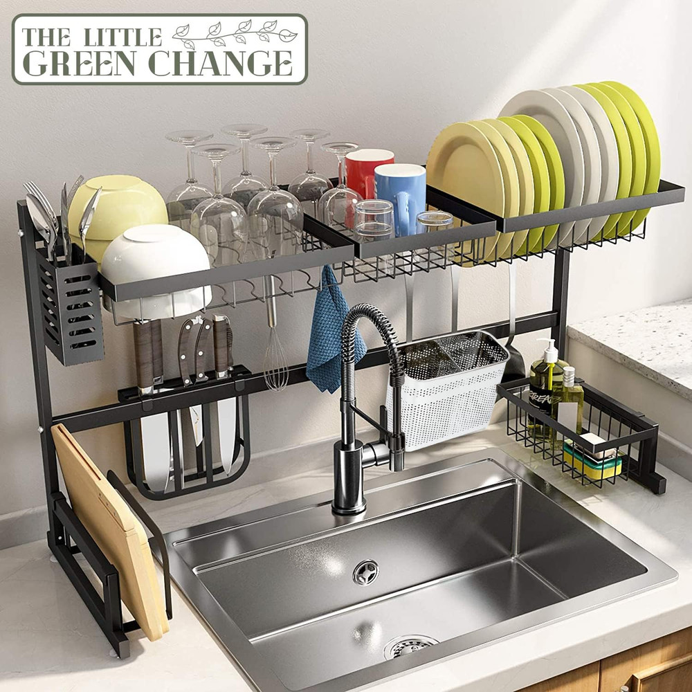 Kitchen Utensils Chopsticks Holder Drying Rack Basket with Hooks 2 Divided Compa