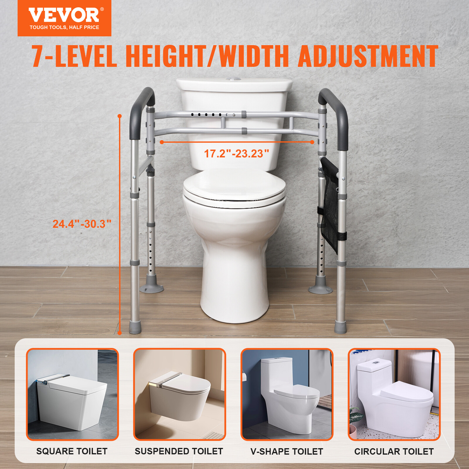 Foldable Toilet Safety Rail Toilet Rail with Non-Slip Handles for Seniors