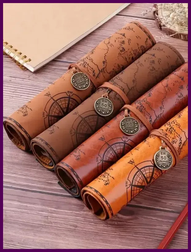 Creative Treasure Map Leather Pencil Case Large Capacity Roll Bag