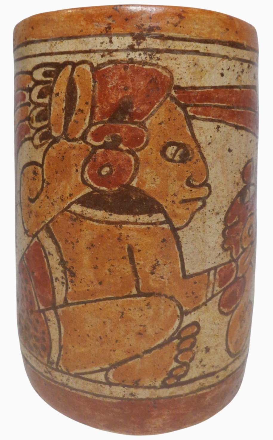 MID-CENT REPRO of PRE-COLUMBIAN HAND DEC CERAMIC CYLINDER VESSEL of SEATED DEITY
