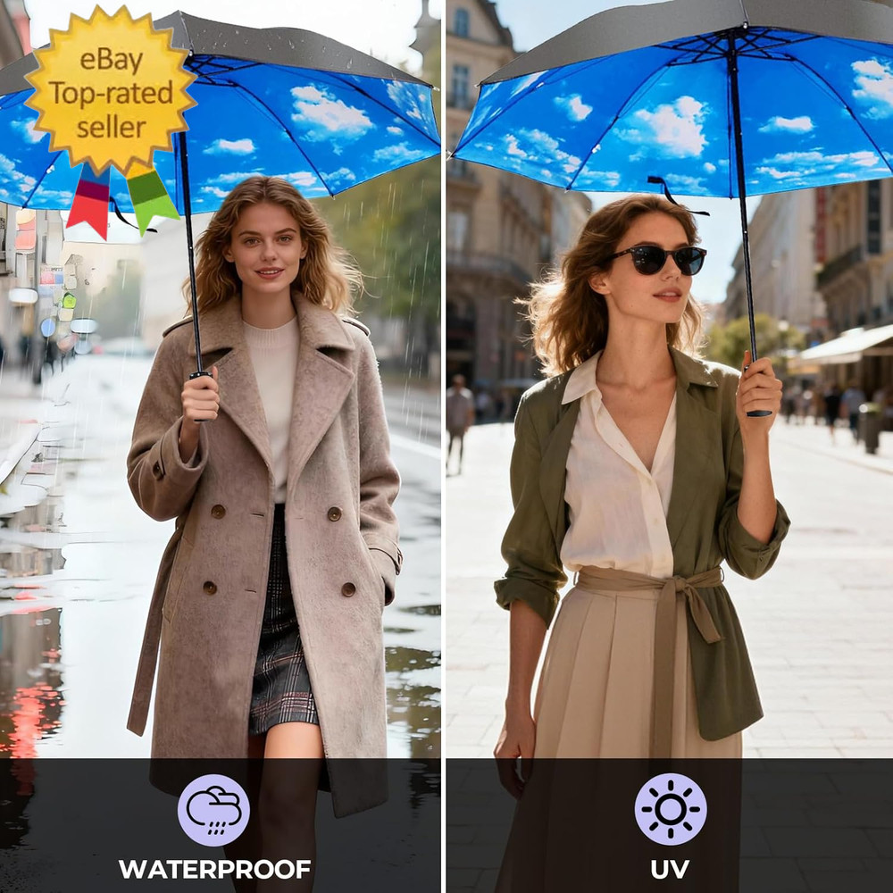 Compact Travel Umbrella, 44" Canopy, Automatic Open/Close Windproof Umbrella