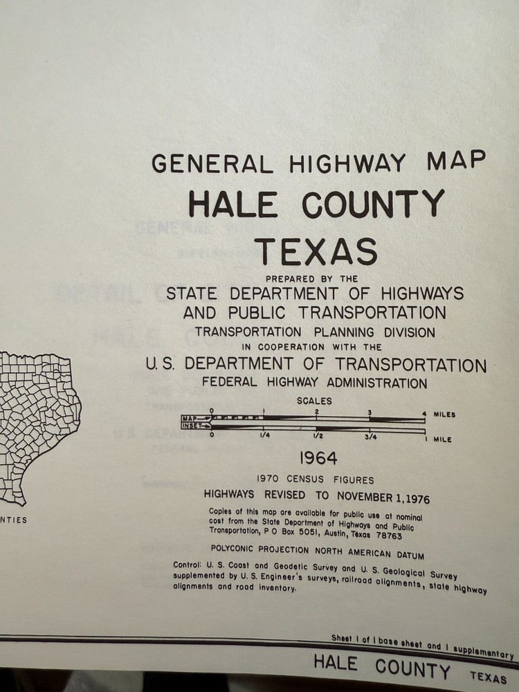 1964 Texas HALE County General Highway Map 18" x 25" Folded USDOT 2 Plainview