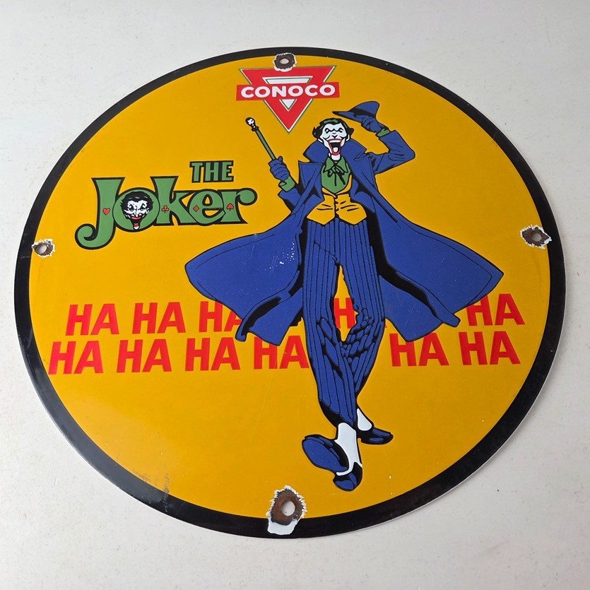 Vintage Conoco Gasoline Porcelain Sign - Joker Batman N-Tane Comic Gas Pump Sign
