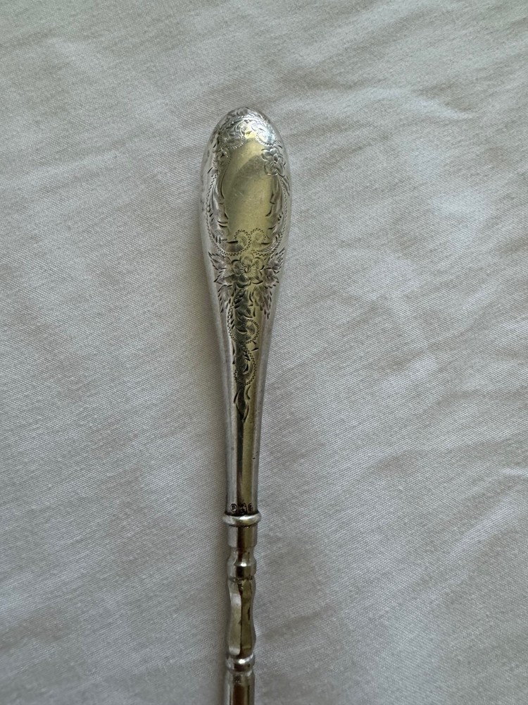 Antique Sterling Silver Handle Button Hook Engraved Scrolling and Flower Design
