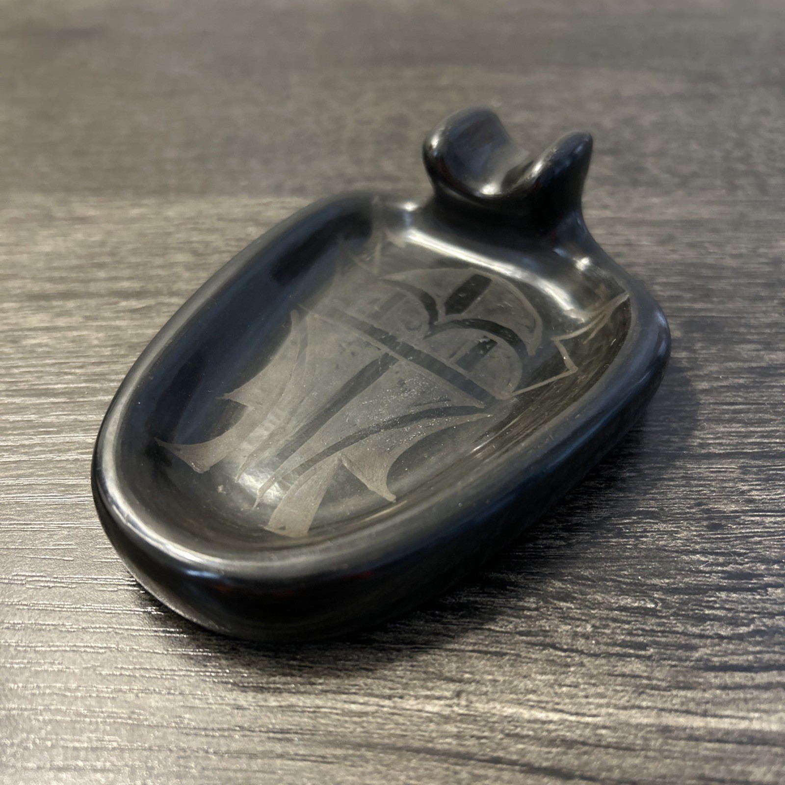 Santa Clara Pueblo Pottery Ashtray Black on Black Arrowhead Artist Signed