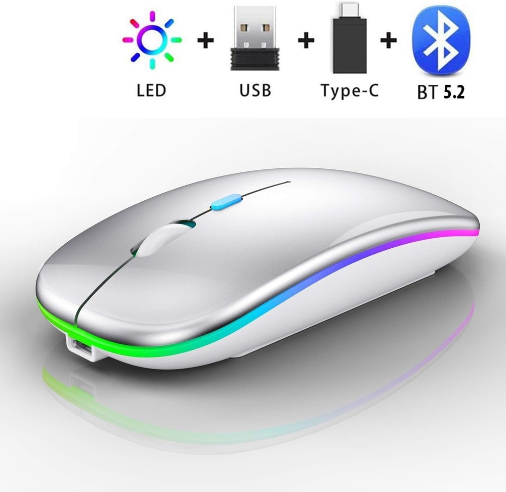 Rechargeable Wireless Bluetooth Mouse for MacBook Laptop PC Dual Mode Silver