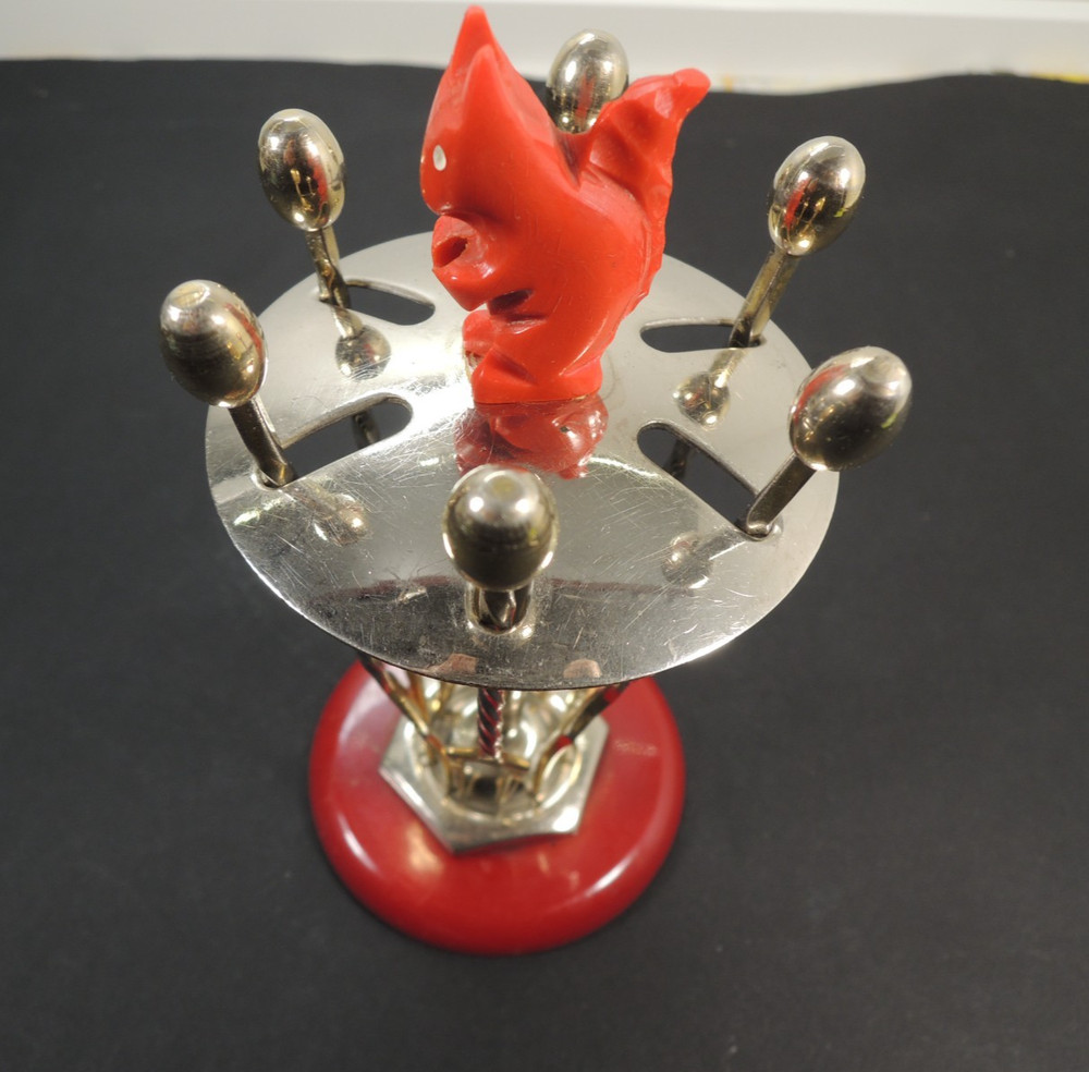 Vtg.Red Cherry Bakelite Squirrel Cocktail Fork Set – 1950s Chrome & Gilt Barware