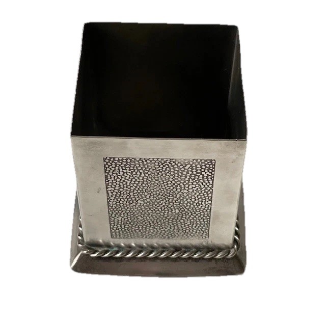 Open silver plate box; no mark, hammered sides, 3" square; desk accessory?