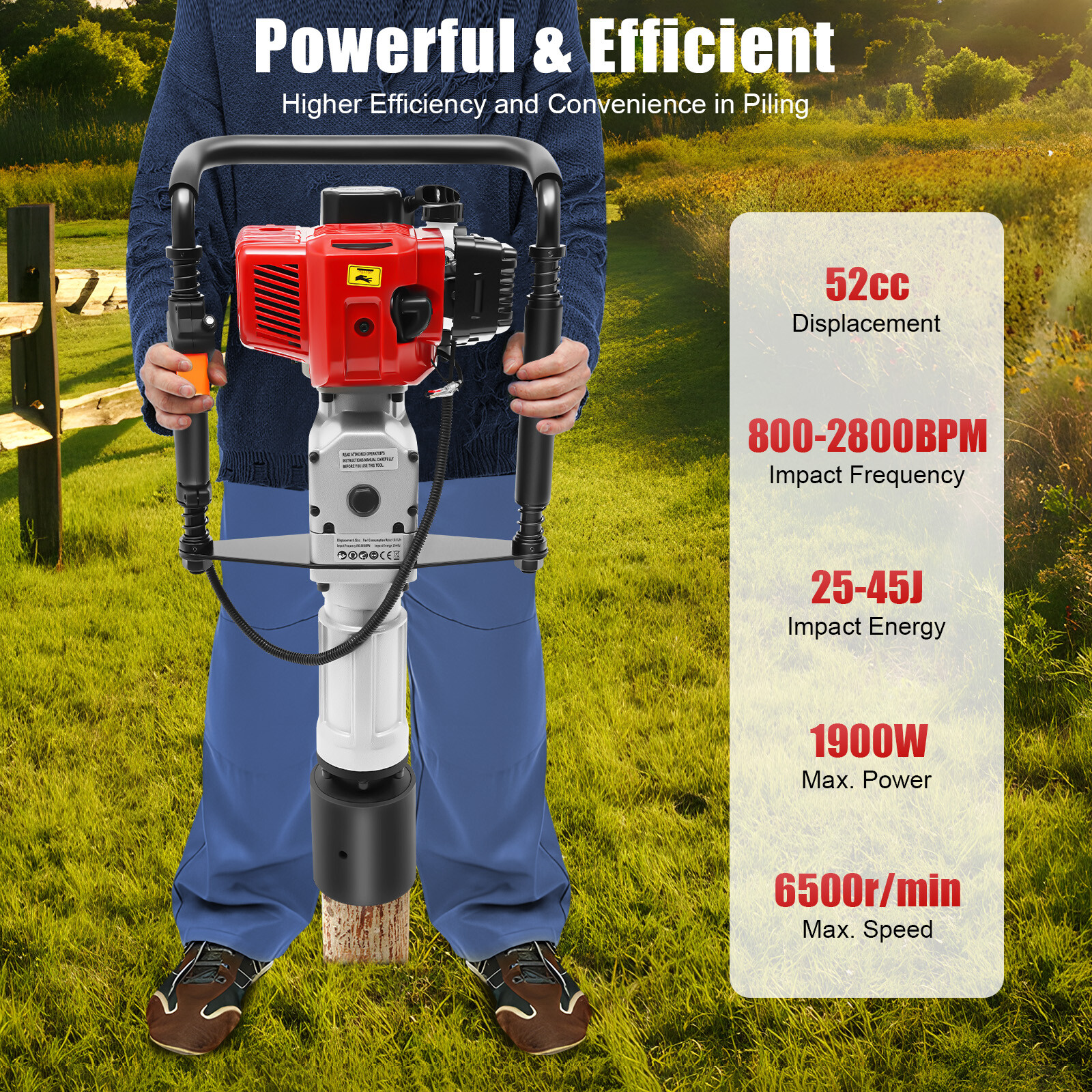 2 Stroke Post Driver Air Cool Machine Mixed Oil/Gasoline Powered Pile 52 CC