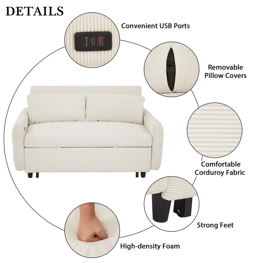Convertible Sleeper Sofa Bed Loveseat Sofa with Pull Out Bed & USB Ports