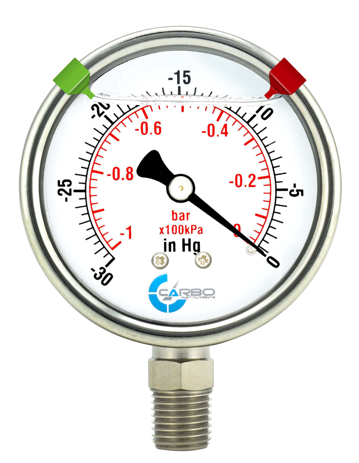 2.5" LIQUID FILLED VACUUM PRESSURE GAUGE -30Hg/0 -1Bar, S.S CASE BRASS LOWER