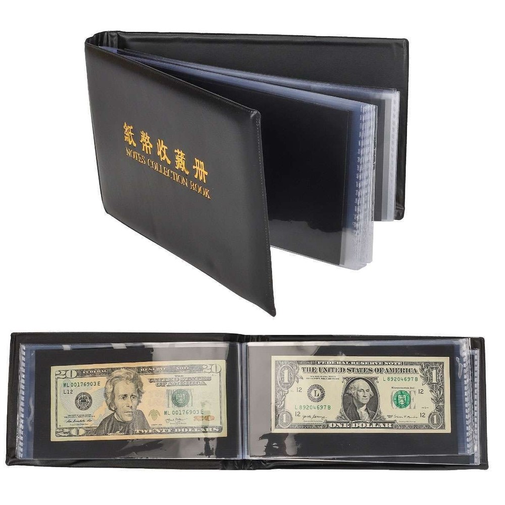 60pcs Paper Money Currency Banknote Collection Album Pocket Book Storage Black