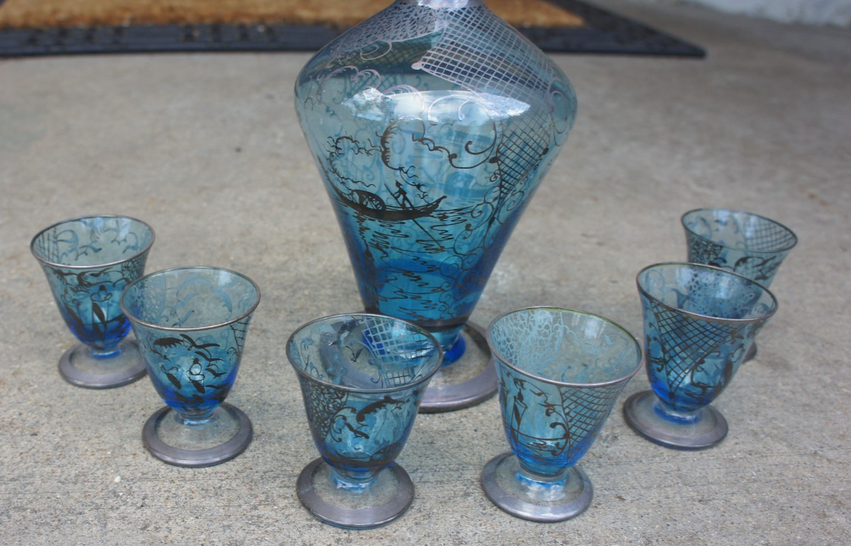 Vintage Venetian Murano Glass Decanter & Six Cordial Glasses Blue Silver Overlay