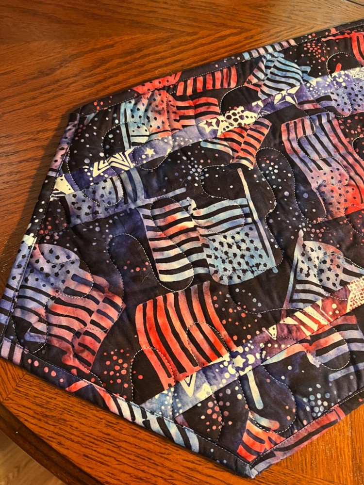 Handcrafted- Quilted Table Runner - Patriotic Runner - Flags in Red/Blue Batik