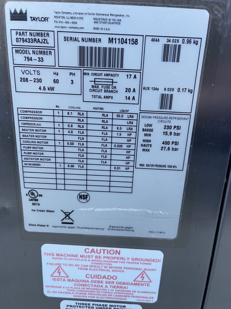 Taylor C794-33 Machine, Water Cooled, 3 Phase
