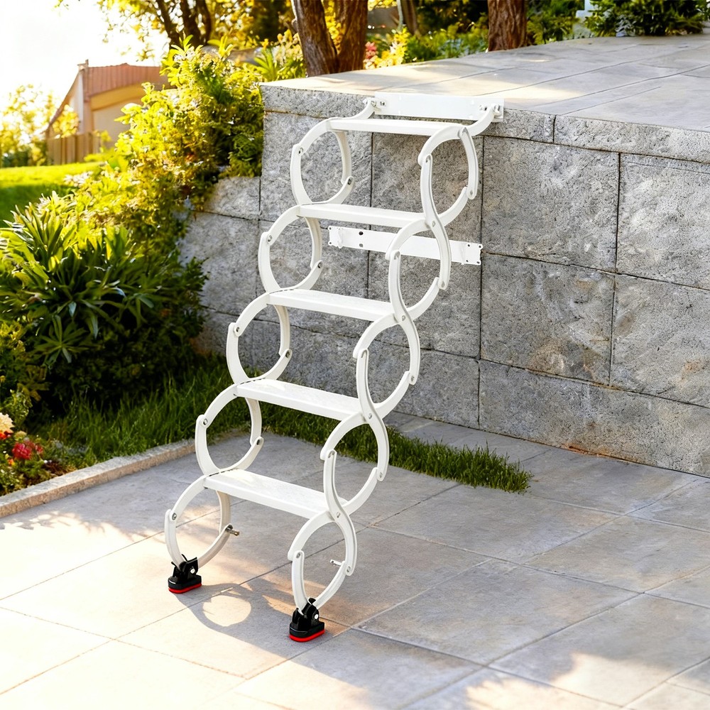 5-Step Wall Mounted Folding Ladder, White Retractable Telescoping Step Stairs