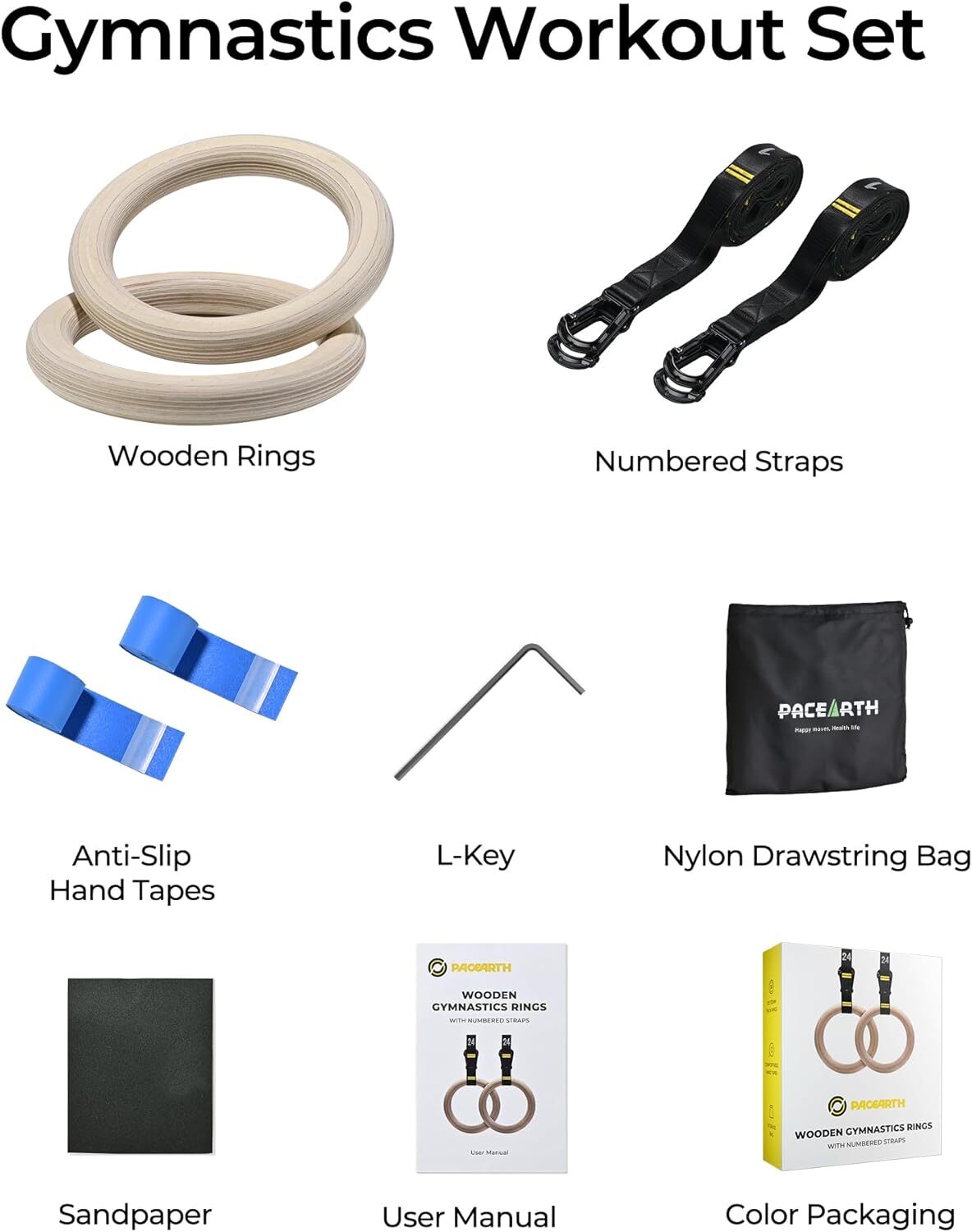 Gymnastics Rings Wooden Olympic Rings 1500/1000lbs with Adjustable Cam Buckle