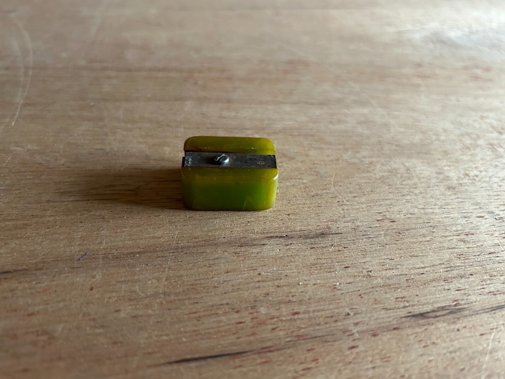 Green Bakelite Pencil Sharpener Catalin Swirled Small School Vintage Rectangle