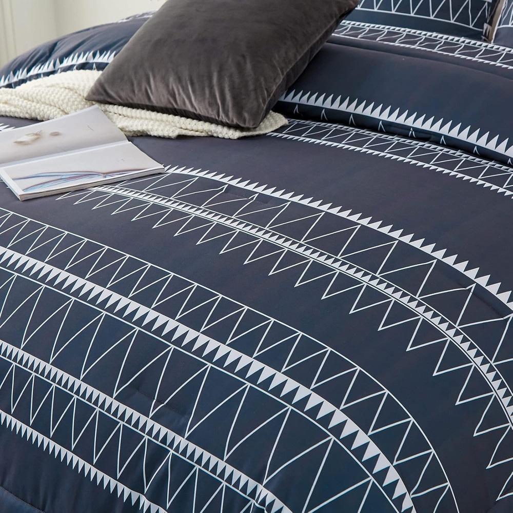 Navy Blue Comforter Set Queen, Reversible Boho Triangle down Alternative Comfort