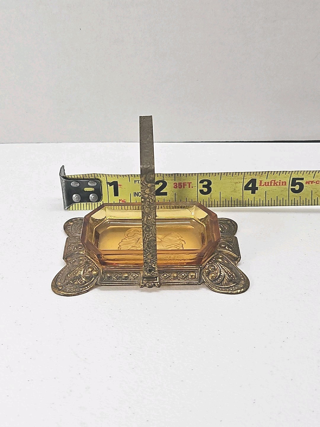 Antique Czech Amber Glass Salt Cellar Intaglio Design Ornate Brass Holder RARE