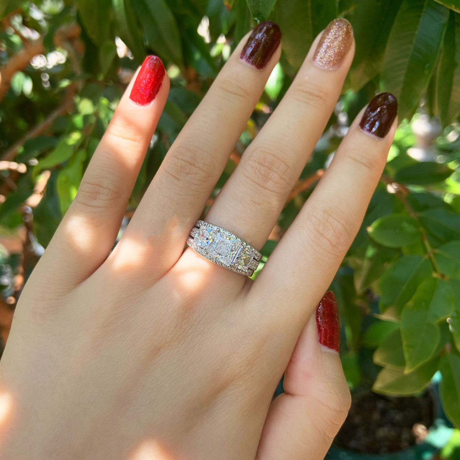 Estate 3 Stone Ring Set for Women Engagement Wedding Ring Set Sterling Silver CZ