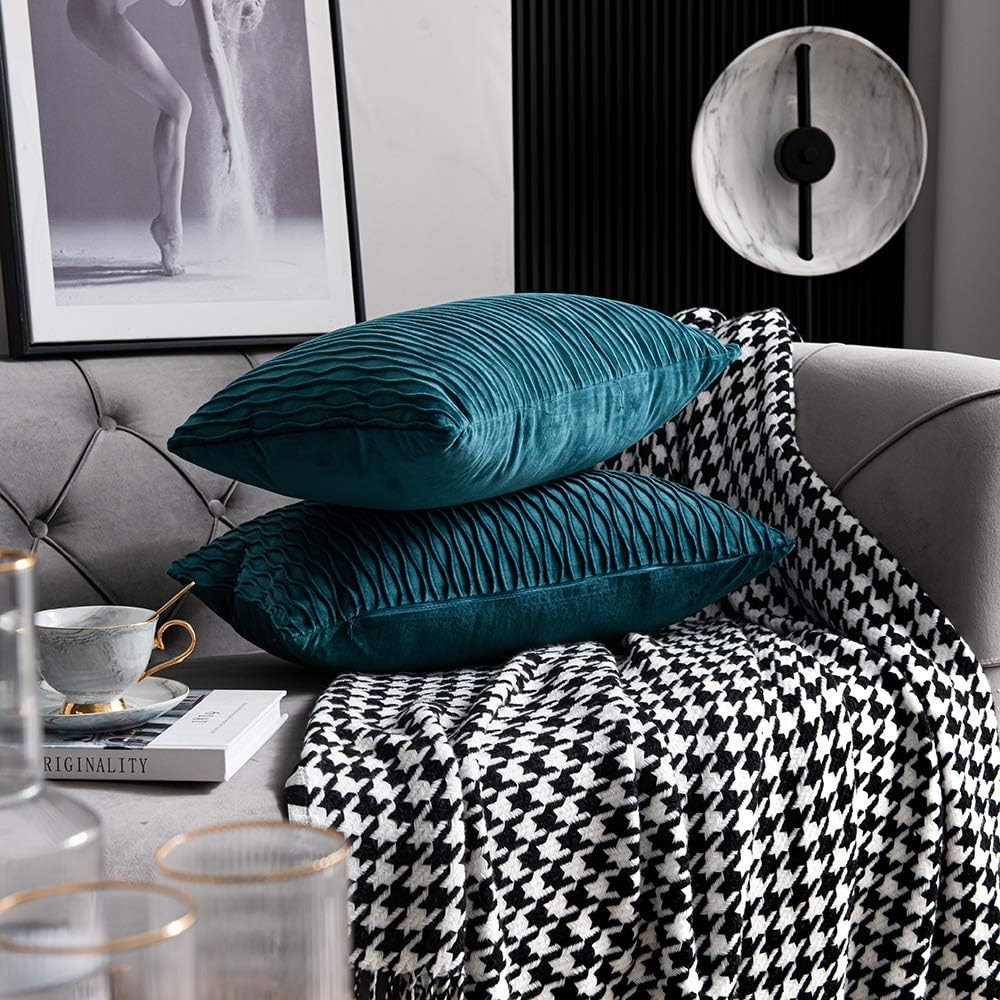 12X20 Teal Throw Pillow Cases: 2 Pack Original Striped Velvet Rectangular Decora