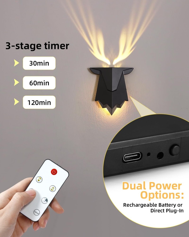 Antler Night Light with Remote Control, Adjustable Deer Wall Lamp Battery Ope...