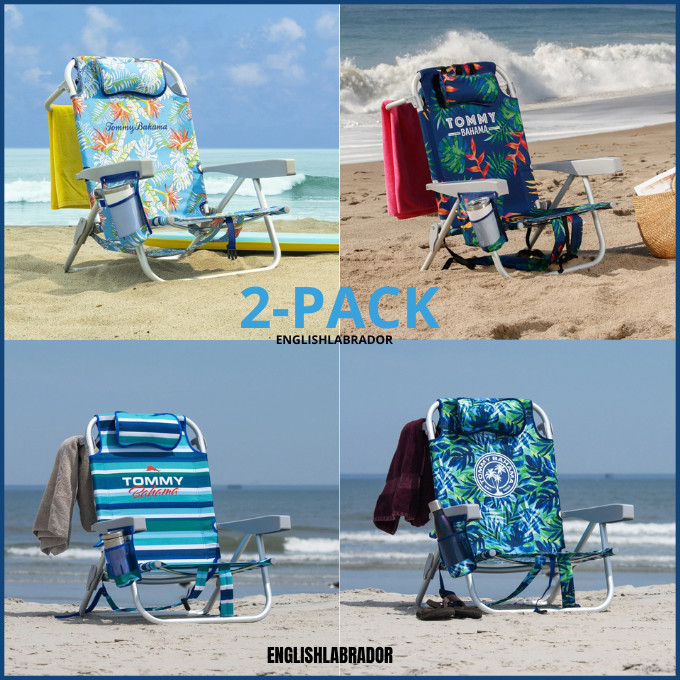 2-Pack Tommy Bahama Beach Chair Lay Flat, Reclining, Adjustable, Storage, NEW
