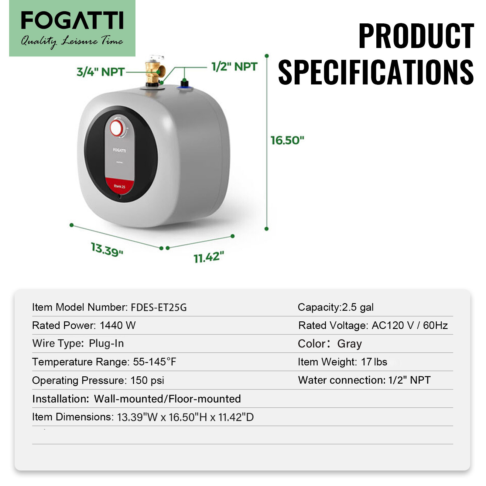 【99% NEW】FOGATTI 2.5/4/8 Gallon Electric Mini Tank Hot Water Heater 1440W Boiler