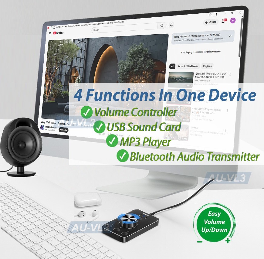 Plug-And-Play USB Volume Control Audio Adapter Bluetooth Transmitter MP3 Player