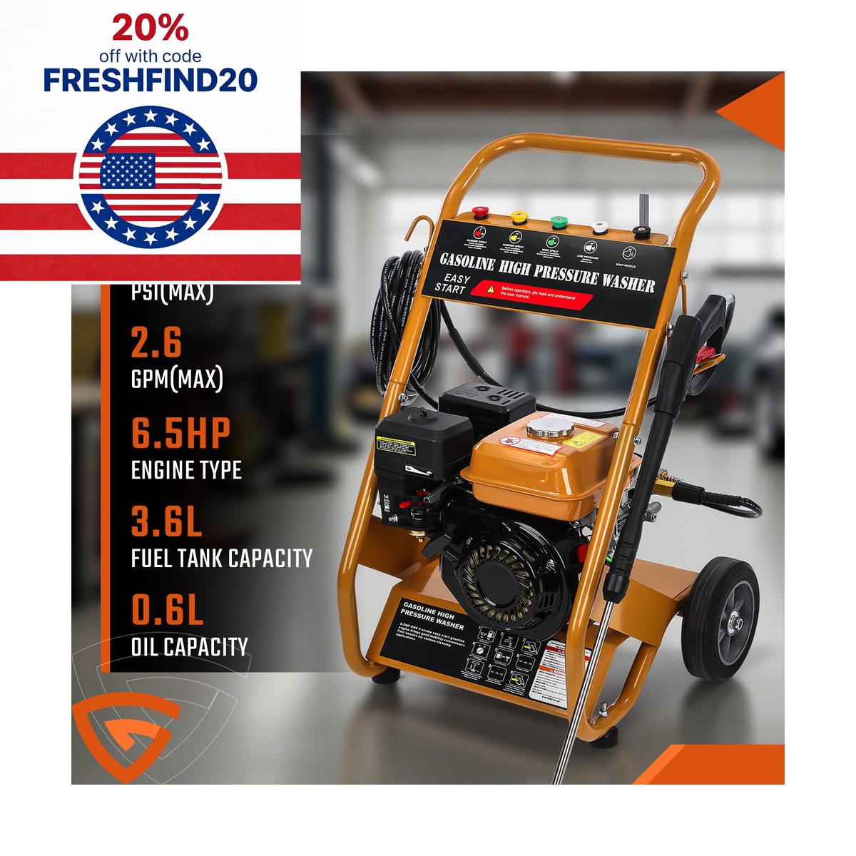 3950 PSI Gas Pressure Washer 5 Nozzles Gas Powered Washer 6.5HP 2.6 GPM 212cc