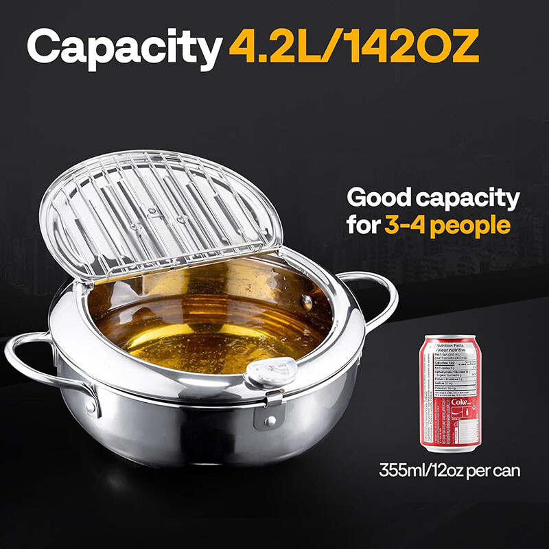 Japanese Style Deep Fryer Pot Stainless Steel with Tong Thermometer Oil Drainer
