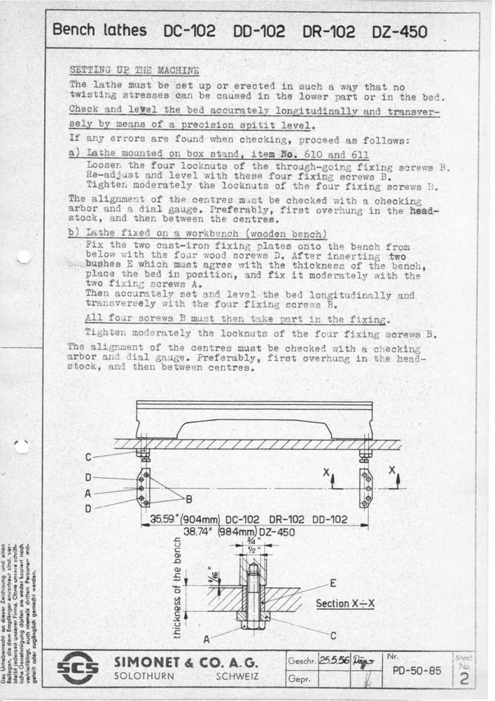 Instruction Manual Fits Simonet DC-102 Toolmaker's Lathe 1962