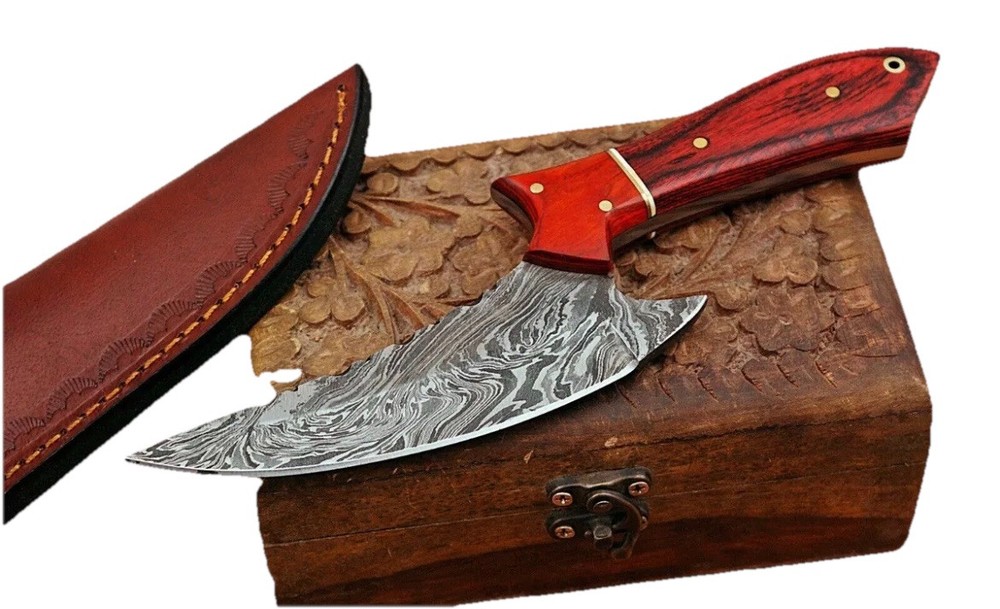 Damascus Steel Fixed Blade Knife Wood Handle