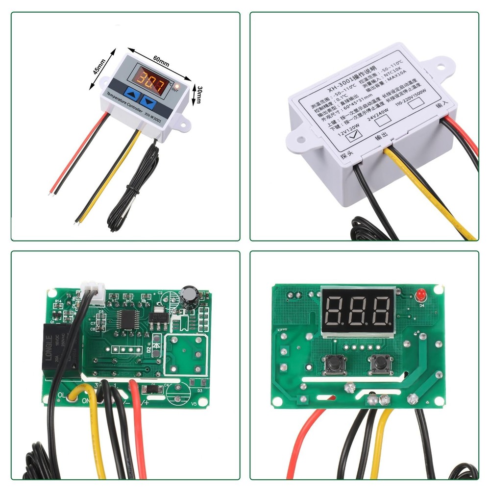 Digital LED Thermostat Switch with Probe, Programmable Heating/Cooling, 12V 10A