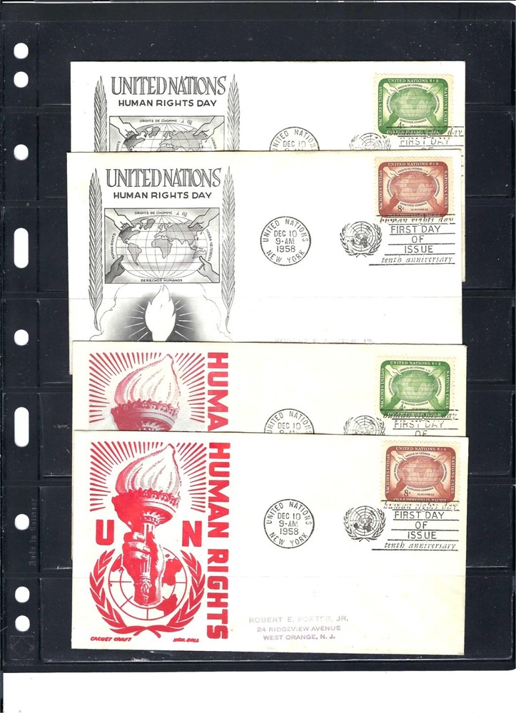 1959 HUMAN RIGHTS FDC's (11) (Scott# 67 & 68) - MIXED CACHETS (310A)